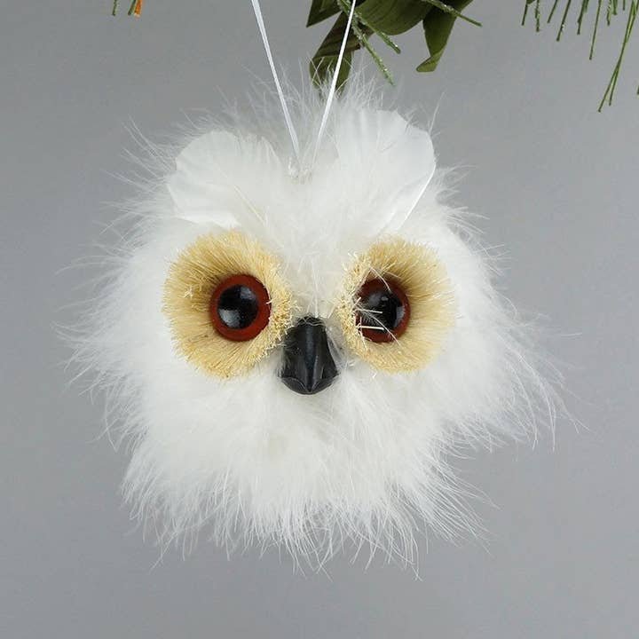 Snowy Feather Owl Ball Ornament for wholesale by Wildash London