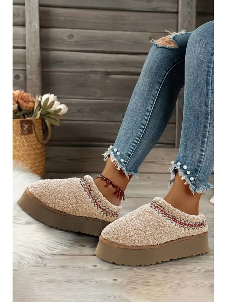 1 the Woman - Wholesale Slippers - Women's - Embroidered Sherpa Plush Thick Sole Winter Slippers