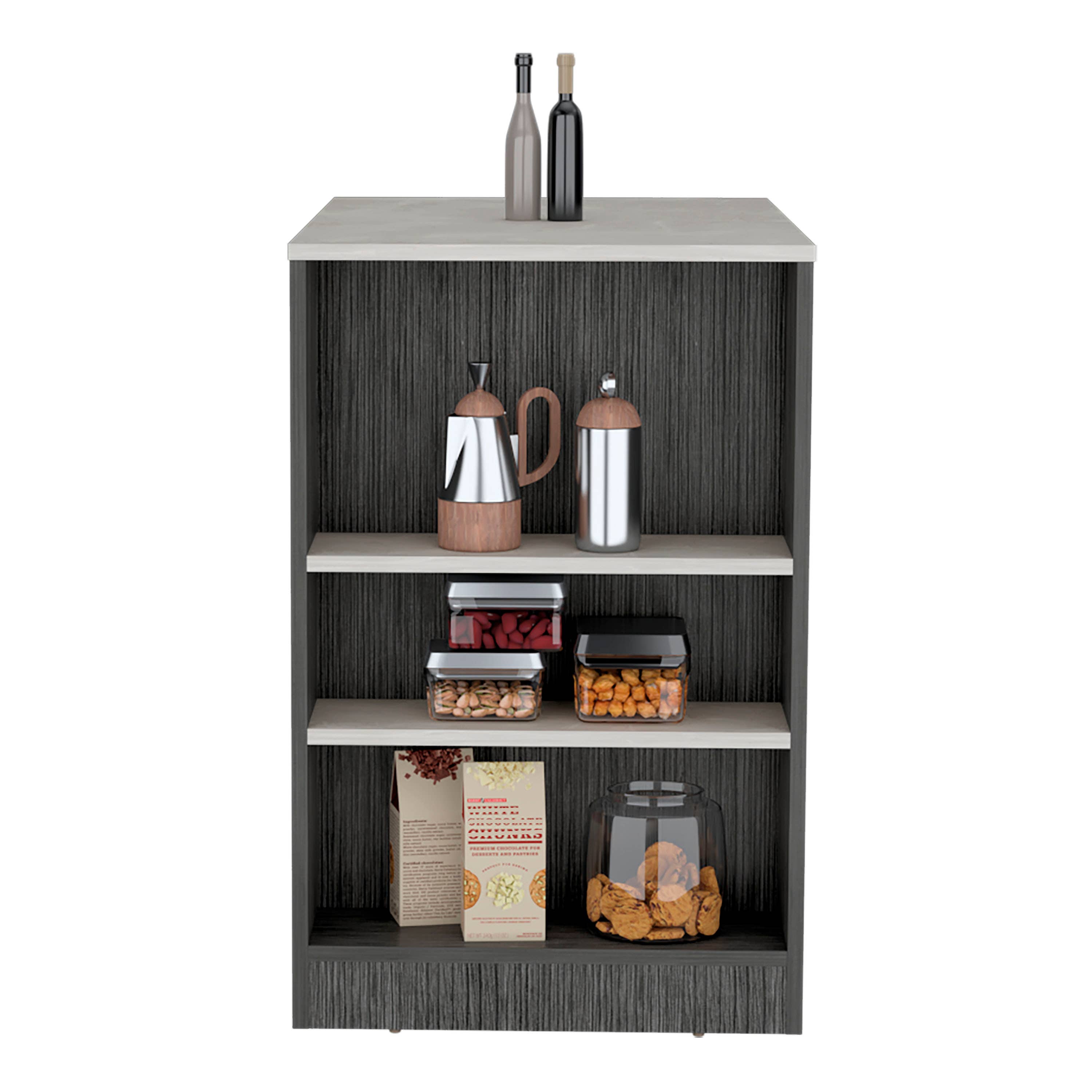 TUHOME FURNITURE – Organizador/armazenamento de cozinha por atacado – Portree Kitchen Island com prateleiras de 3 lados22