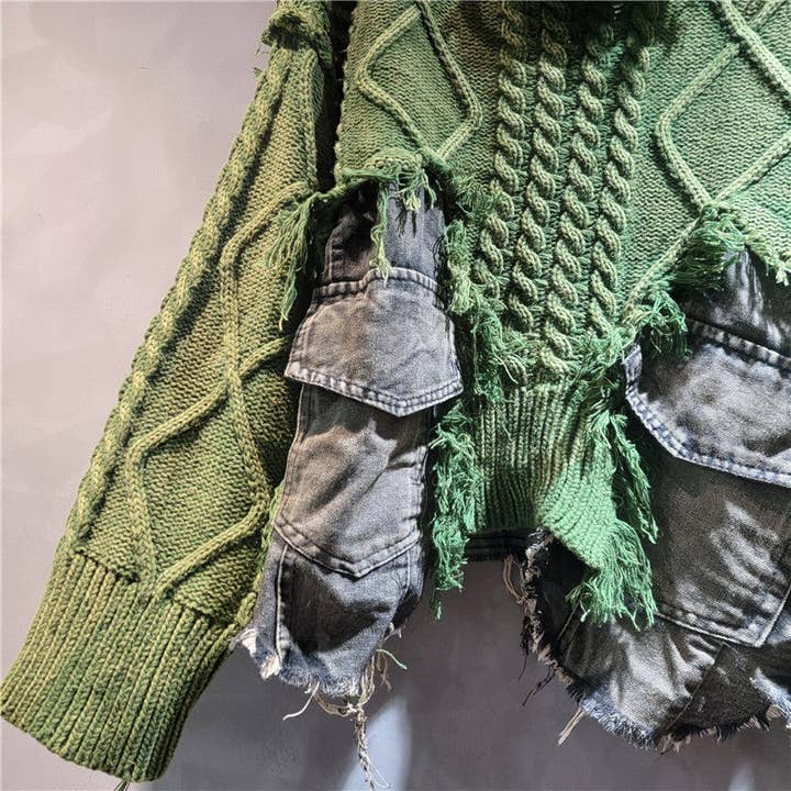 Sanyao Fashion - Wholesale Knit Sweater - Women's - M198 Denim Patchwork Knit Pullover – Distressed Slim Fit5