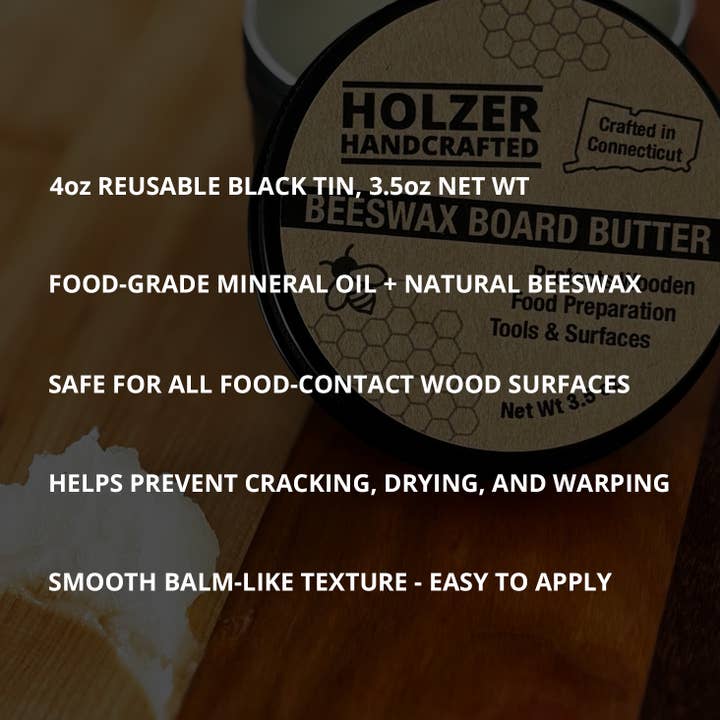 Holzer Handcrafted ® - Wholesale Wood Butter - Beeswax Board Butters for Wood Food Contact Surfaces | 3.5 oz Reusable Tin | Handmade Oil, Wax and Conditioner for Cutting Boards, Butcher Blocks, Wooden Utensils | Holzer Handcrafted 1