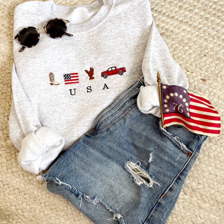 Arden & Gold - Wholesale Sweatshirt - Women's - USA Embroidered Icons Crewneck Sweatshirt | Patriotic