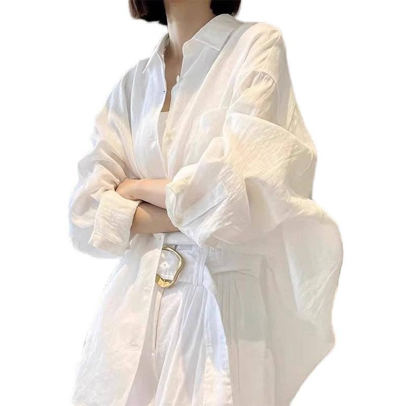 BLANCO Blusa blanca minimalista versátil de manga larga fina de venta al por mayor en Faire1