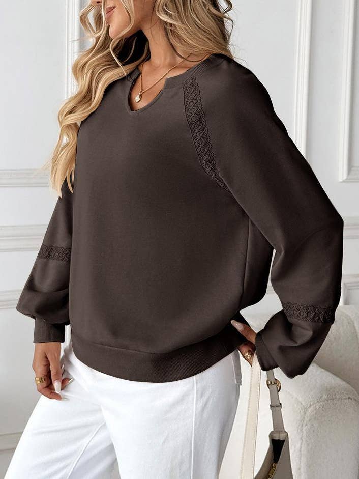 FULL TIME PURCHASE - Wholesale Sweatshirt - Women's - Solid Color Half Placket Lace Trim Long Sleeve Sweatshirt20