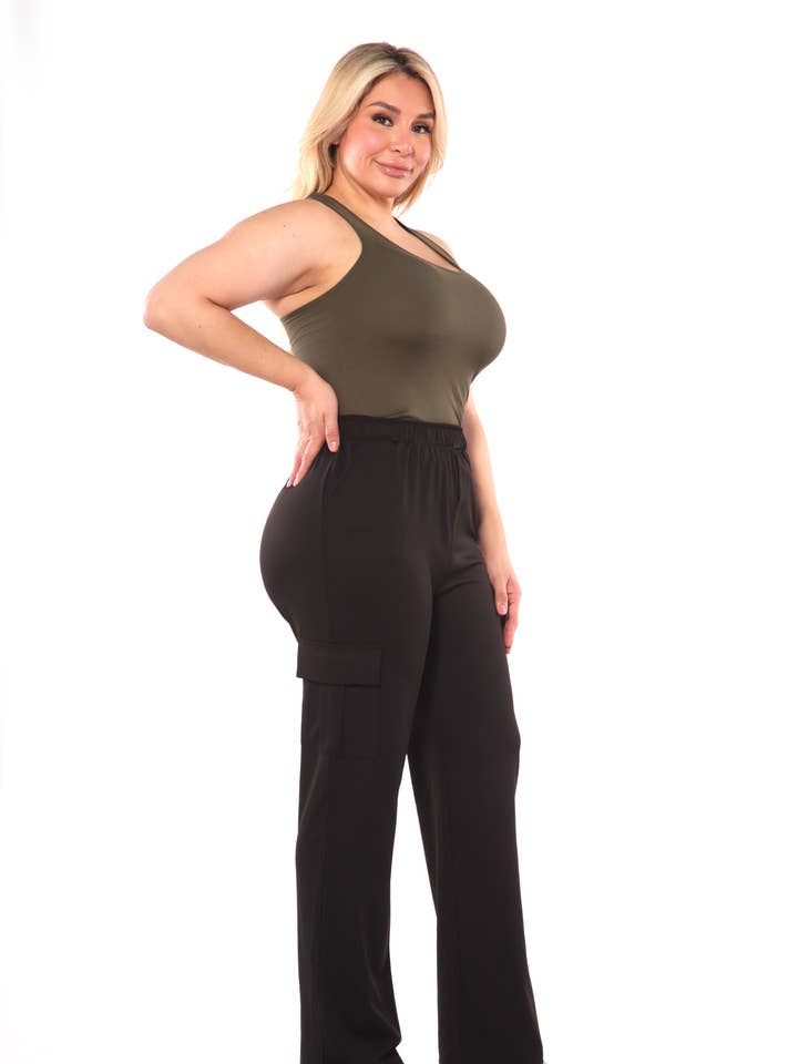 Womens Plus Size Straight Leg Pants With Cargo Pockets for wholesale by REDFINCH APPAREL INC