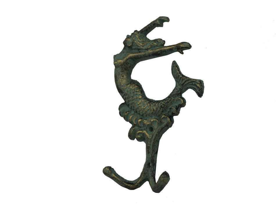 Hampton Nautical - Wholesale Wall Hook - Antique Seaworn Bronze Cast Iron Mermaid Key Hook 6"2