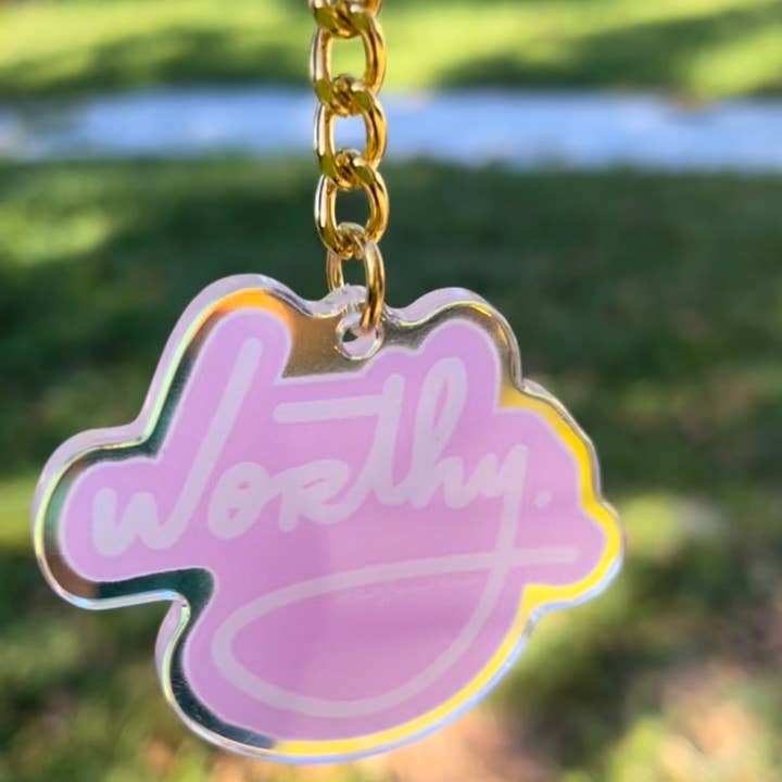 Worthy Holographic Keychain for wholesale by Pretty Peacock Paperie - Women's Empowerment