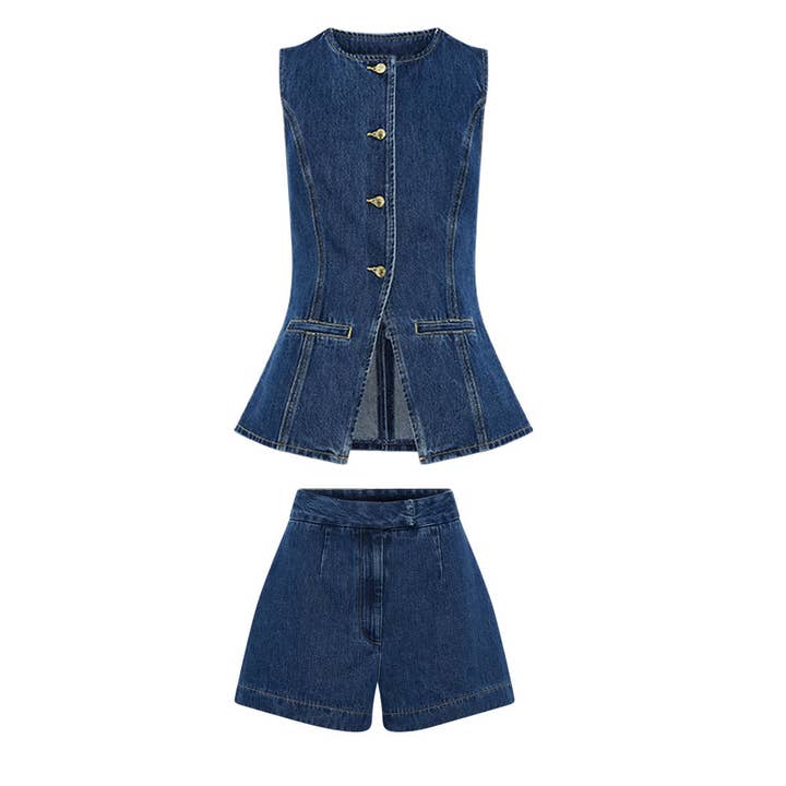 Blue 2 piece set denim shorts and sleeveless top for wholesale on Faire