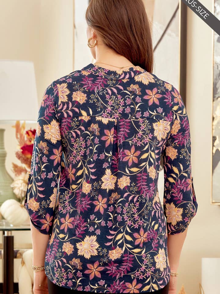 NAVY MULTI PLUS SIZE Floral Print Flowy Fit Top LIZZY-V0169P for wholesale on Faire
