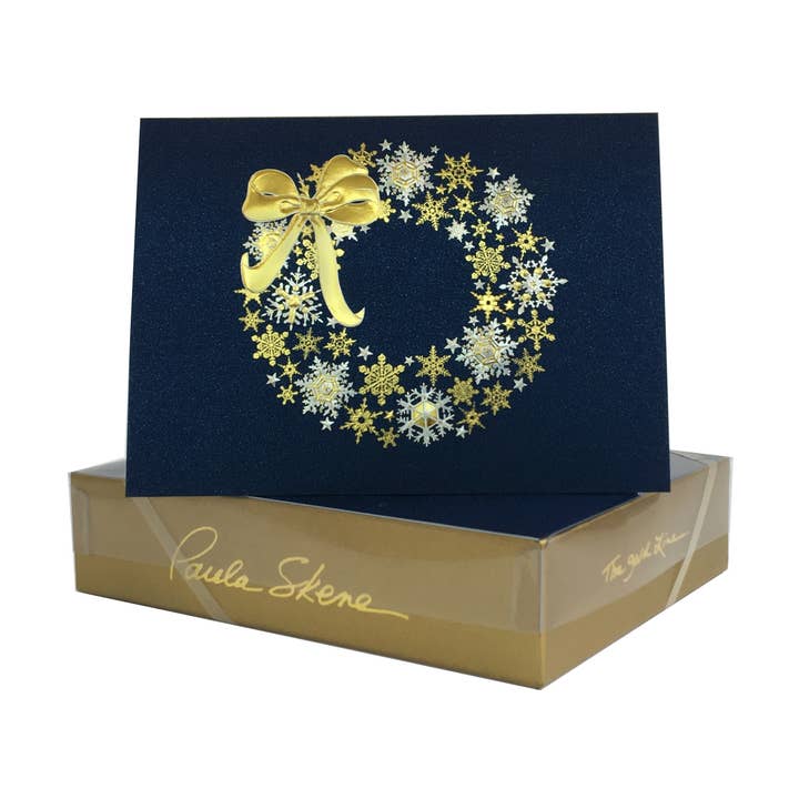 Snowflake Wreath on Navy Christmas Card for wholesale by PAULA SKENE DESIGNS