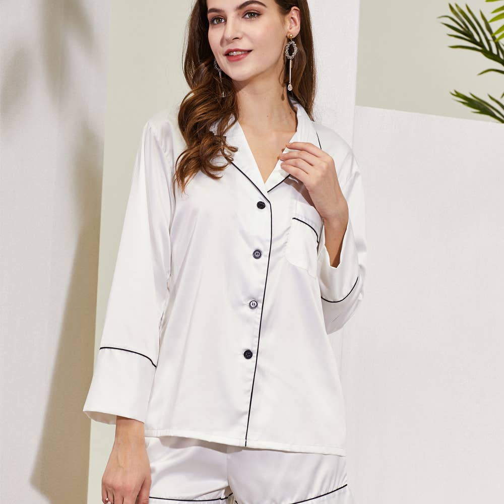 Mackleys - Wholesale Sleepwear Set - Women's - PREORDER Satin Long Sleeve and Short PJ Set0