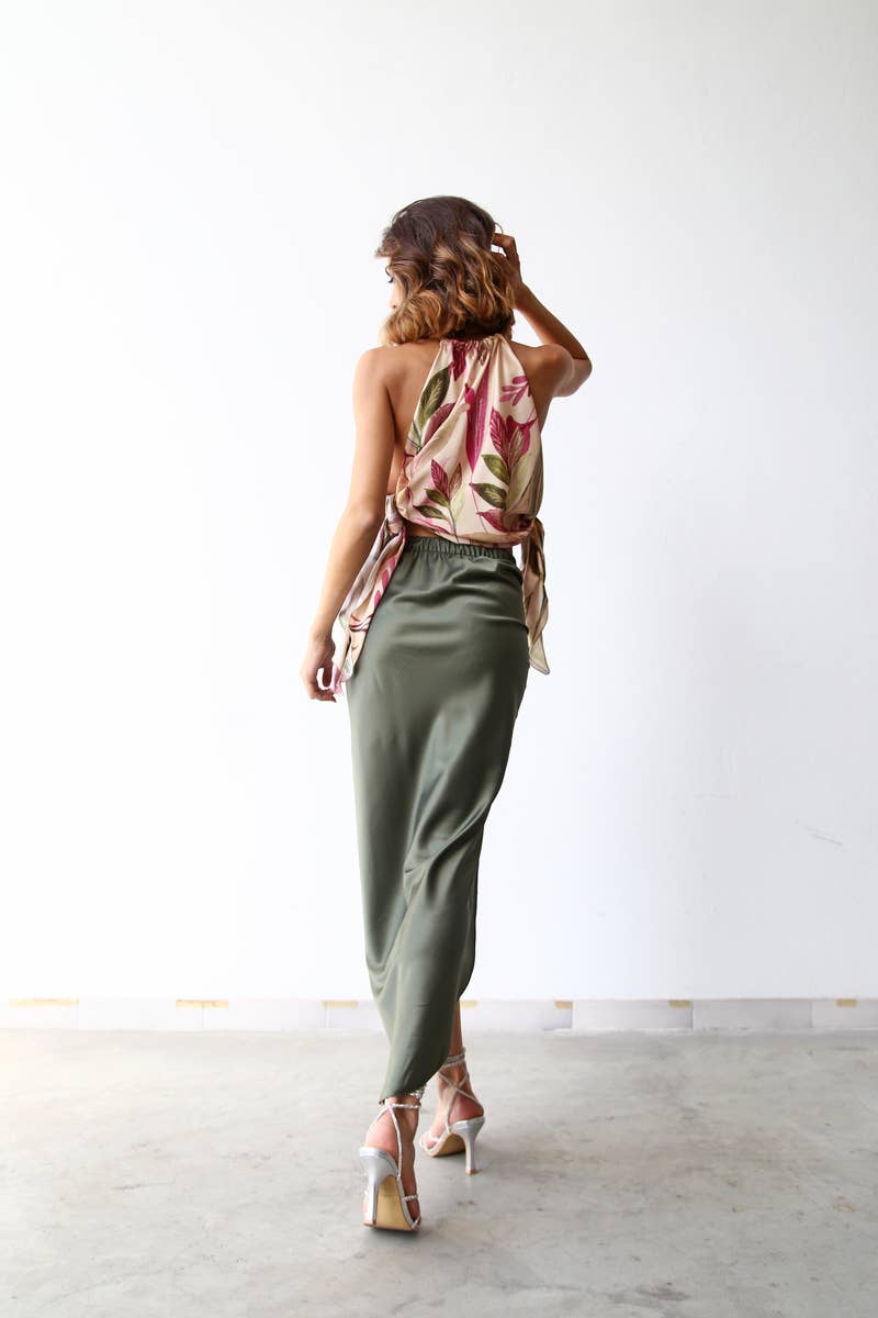 F1060 GREEN SATIN LONG CURLED SKIRT for wholesale on Faire2