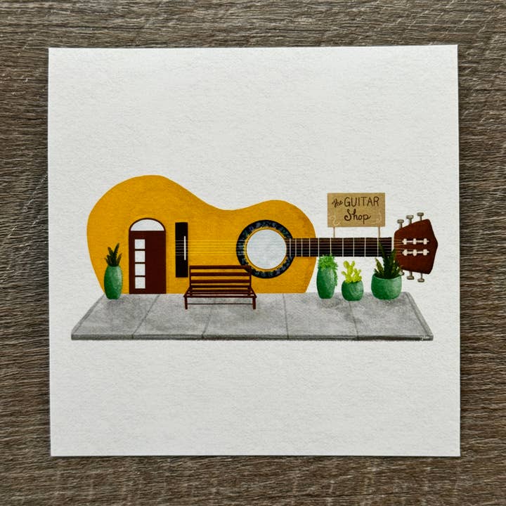 4x4 Guitar Shop Art Print, Tiny Shops Collection, Music Shop for wholesale by blonde birdie