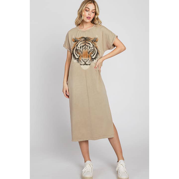 HRTandLUV – Großhandel Kleid – Damen – TIGER-KLEID MIT MINERALMUSTER UND GROSSEM GESICHT