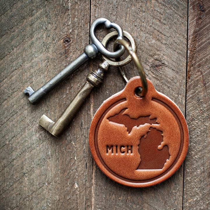 Michigan Silhouette Leather Keychain Circle for wholesale by Sugarhouse Leather