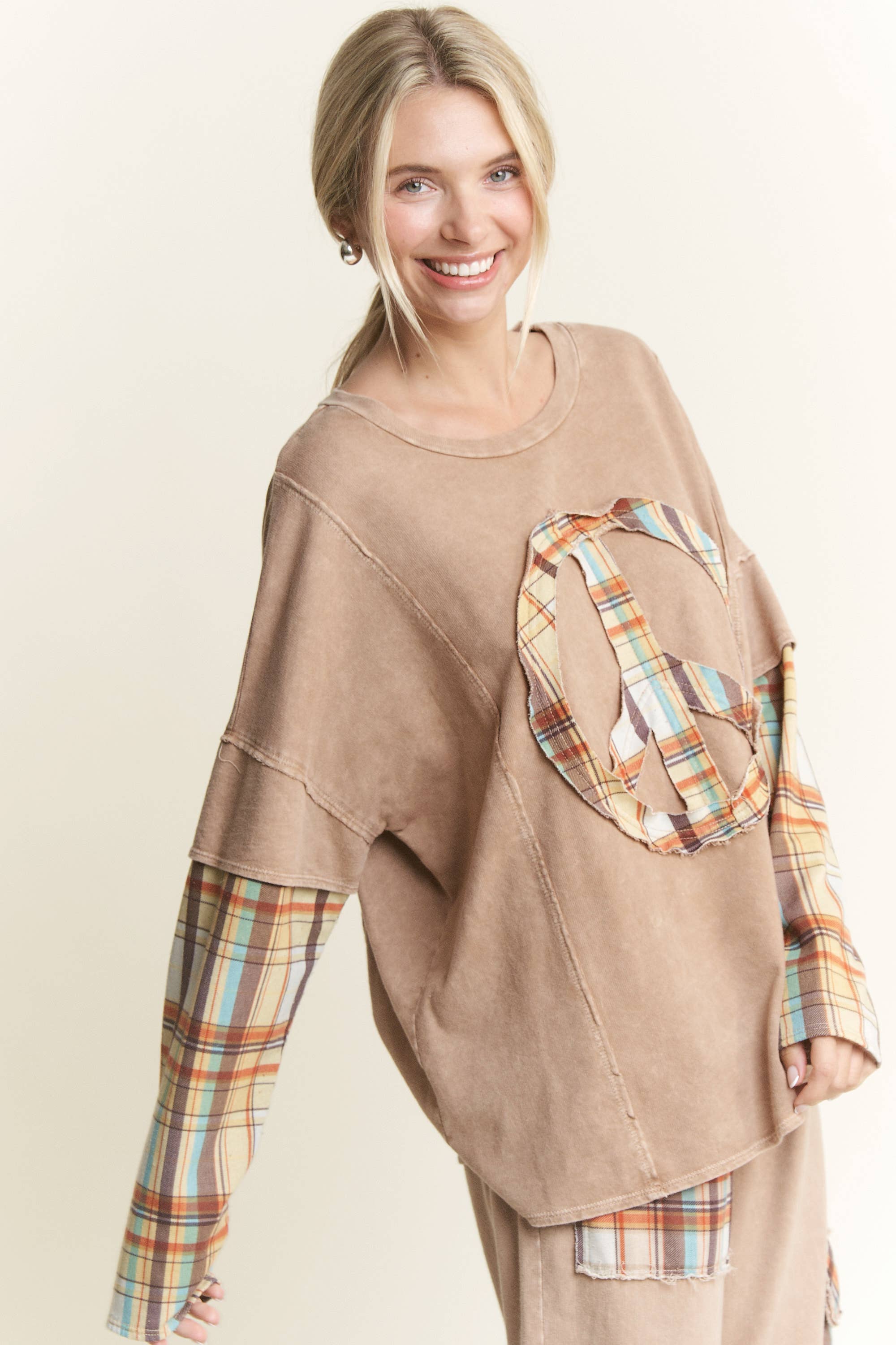 J.Her – Túnica - Mulher por atacado – MineralWash Xadrez PIECE acolchoado Top de mangas em camadas HT5987.6