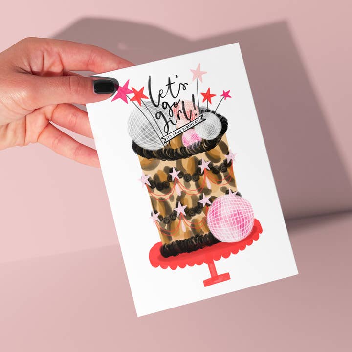 Geburtstagsgrußkarte mit Leopardenmuster-Kuchen für den Großhandel von Lucy Hook Designs