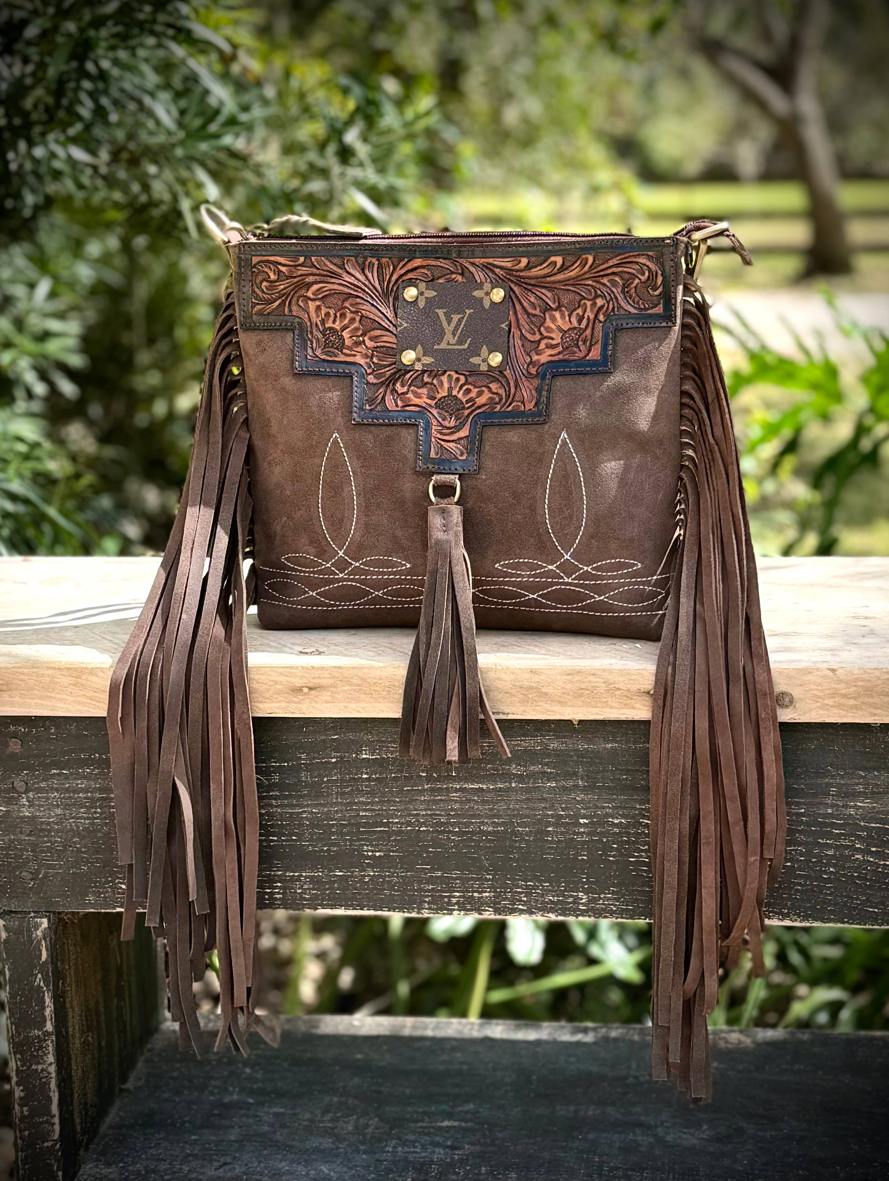 Southern Junkie Gypsy Boutique - Wholesale Crossbody Bag - Women's - Upcycled Leather Suede Boot Stitch Fringe Crossbody Bag1