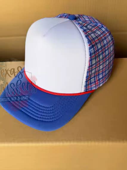 Blue Plaid Mesh Trucker Hat for wholesale by Texas Transfers