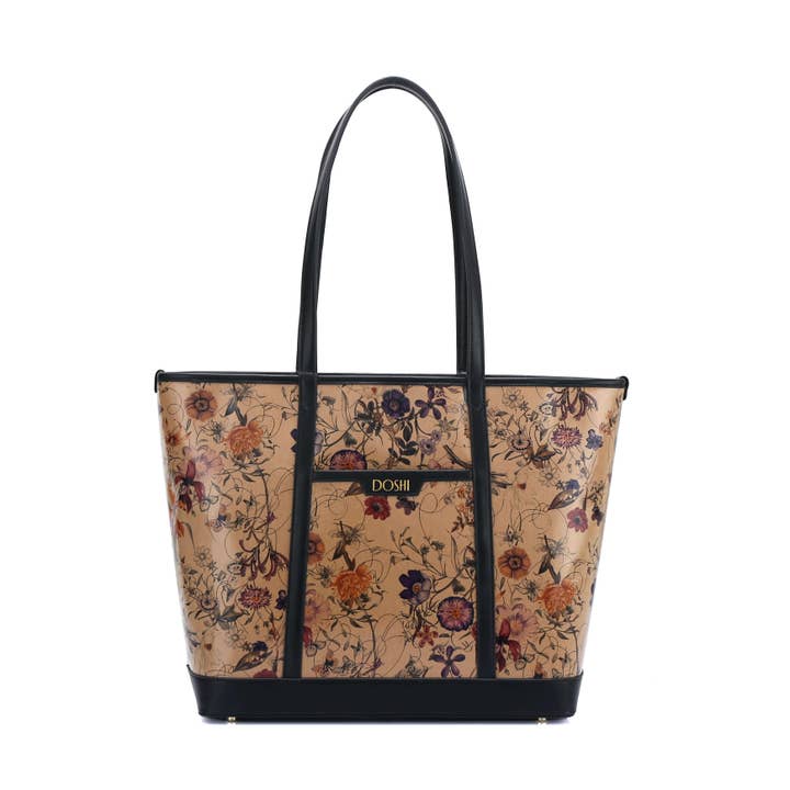 The Standard: bolso grande de cuero vegano de papel kraft con estampado floral para venta al por mayor de Doshi.Shop