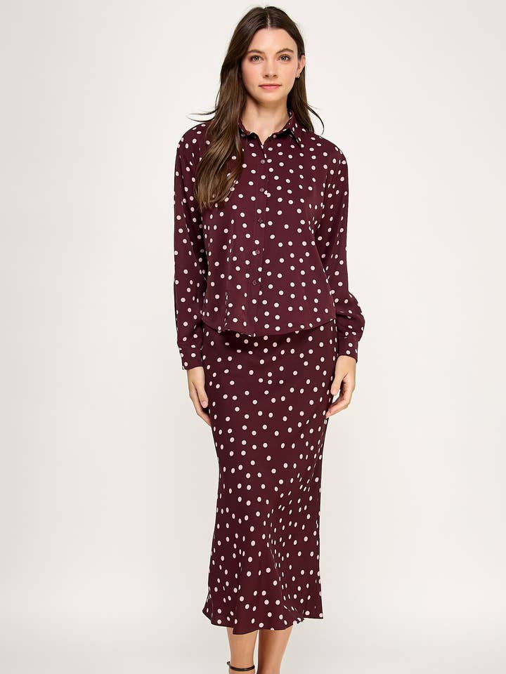 RT-4222-6 LONG SLEEVE POLKA DOT TOP-BURGUNDY ROSE for wholesale by Ellison