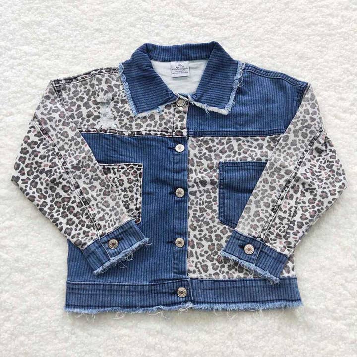 Aier Wholesale - Wholesale Denim Jacket - Kids - Baby Girls Denim Leopard Patchwork Long Sleeve Jackets Cardi