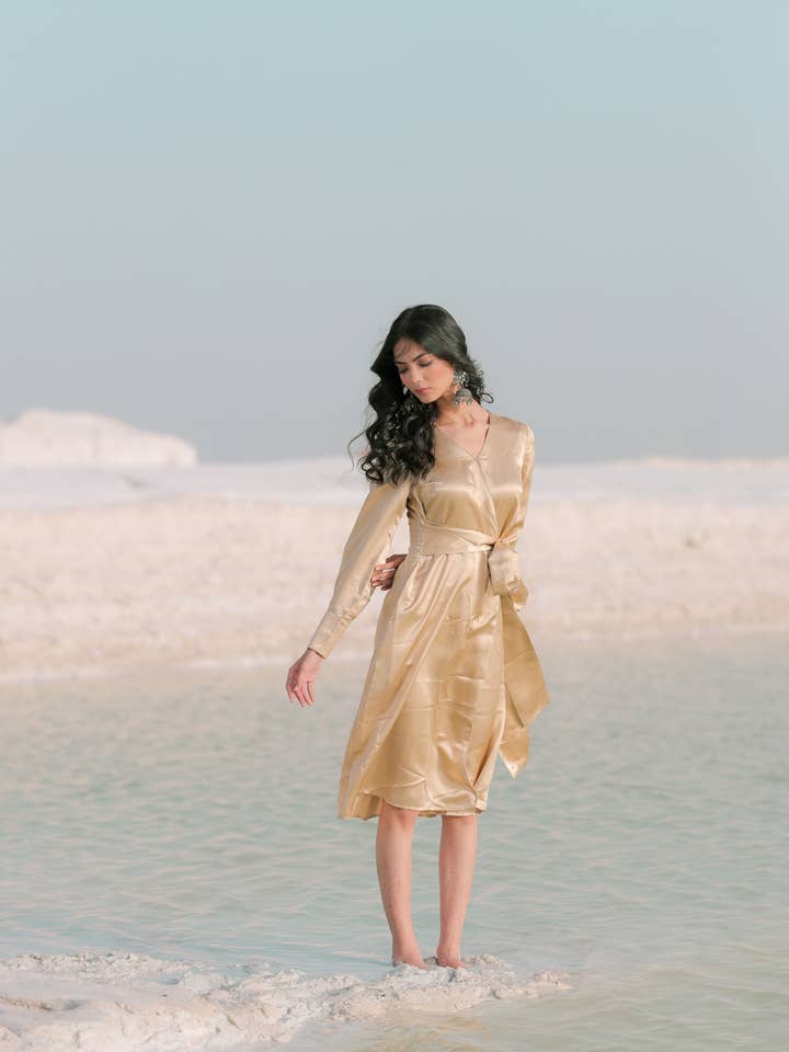 Kimono Wrap Midi Dress in Gold for wholesale by The Naked Laundry