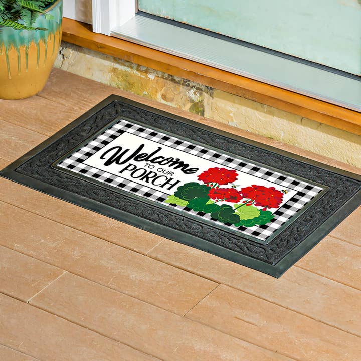 Welcome to Our Porch Geraniums Sassafras Switch Mat for wholesale by Evergreen Enterprises