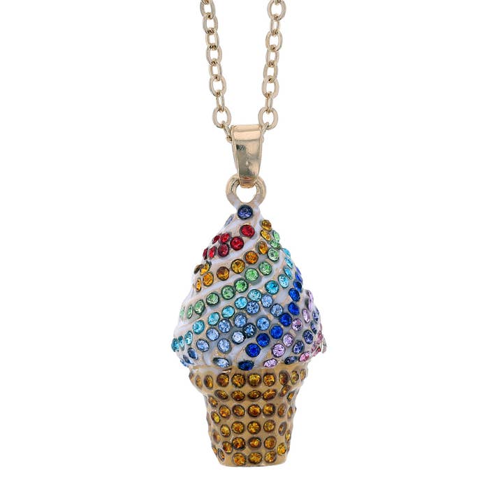 Collier avec pendentif en forme de cône de crème glacée doré avec cristaux multicolores pour la vente par Luxe on Main LLC