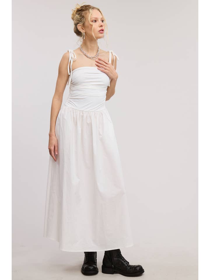 Mimosa - Wholesale Dress - Women's - Ruched Bodice Flared Midi Dress with Ribbon Straps