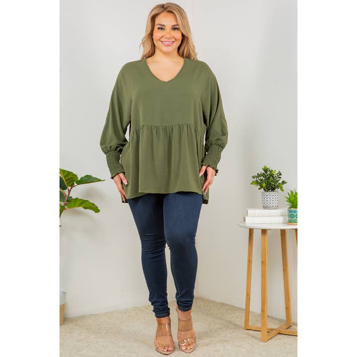 Curve Market - Vendita all'ingrosso Tunica - Donna - TOP A MANICHE LUNGHE BABYDOLL PLUS SIZE CON SCOLLO A V5