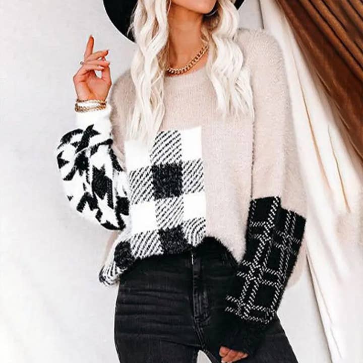 WOMEN FURRY LEOPARD BLOCKED SWEATER_CWOSWL0315 for wholesale by Lily Clothing