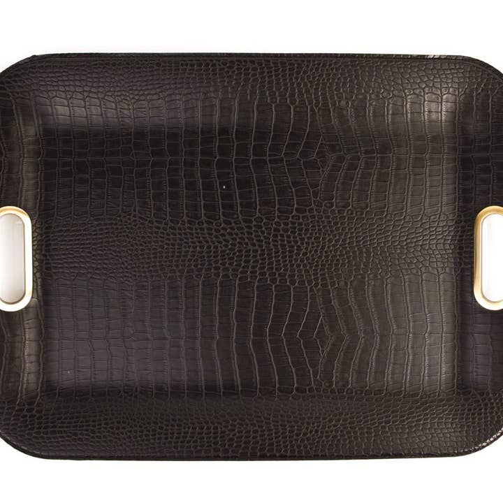 Tray rectangular flat handles croco dark brown faux leather for wholesale by Signature Home Collection GmbH