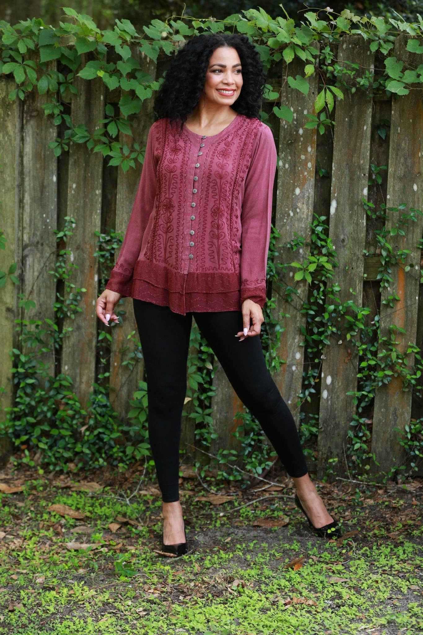 Sacred Threads - Wholesale Button Down Shirt - Women's - Vintage Fall Boho Stonewashed Top: Embroidered Shirt1