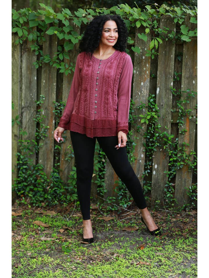 Sacred Threads - Wholesale Button Down Shirt - Women's - Vintage Fall Boho Stonewashed Top: Embroidered Shirt1
