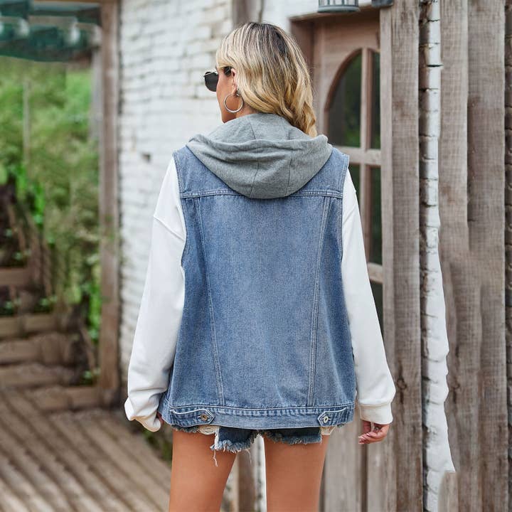 Sweetkama - Wholesale Outerwear Vest - Women's - Ladies Lapel Pockets Denim Daily Jacket Vest MN2111