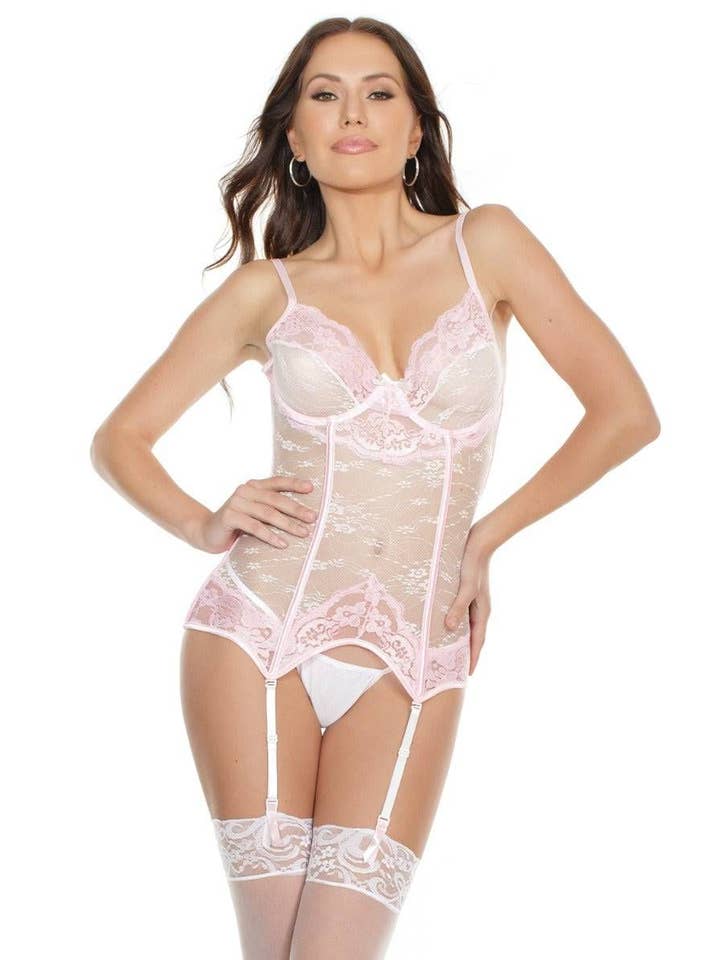 White Pink Coquette Stretch Lace Soft Cup Boned Bustier CQ7057 for wholesale on Faire