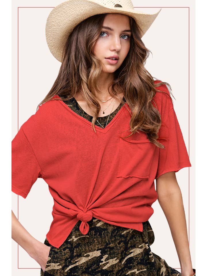 La Miel - Wholesale T-shirt – women's - JAT7459-V-neck Front Pocket Breathable Short Sleeve Top12