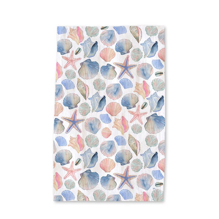 KelseyMDesigns - Wholesale Tea Towel - Seashells Tea Towel - Coastal/Beach Summer Kitchen Decor