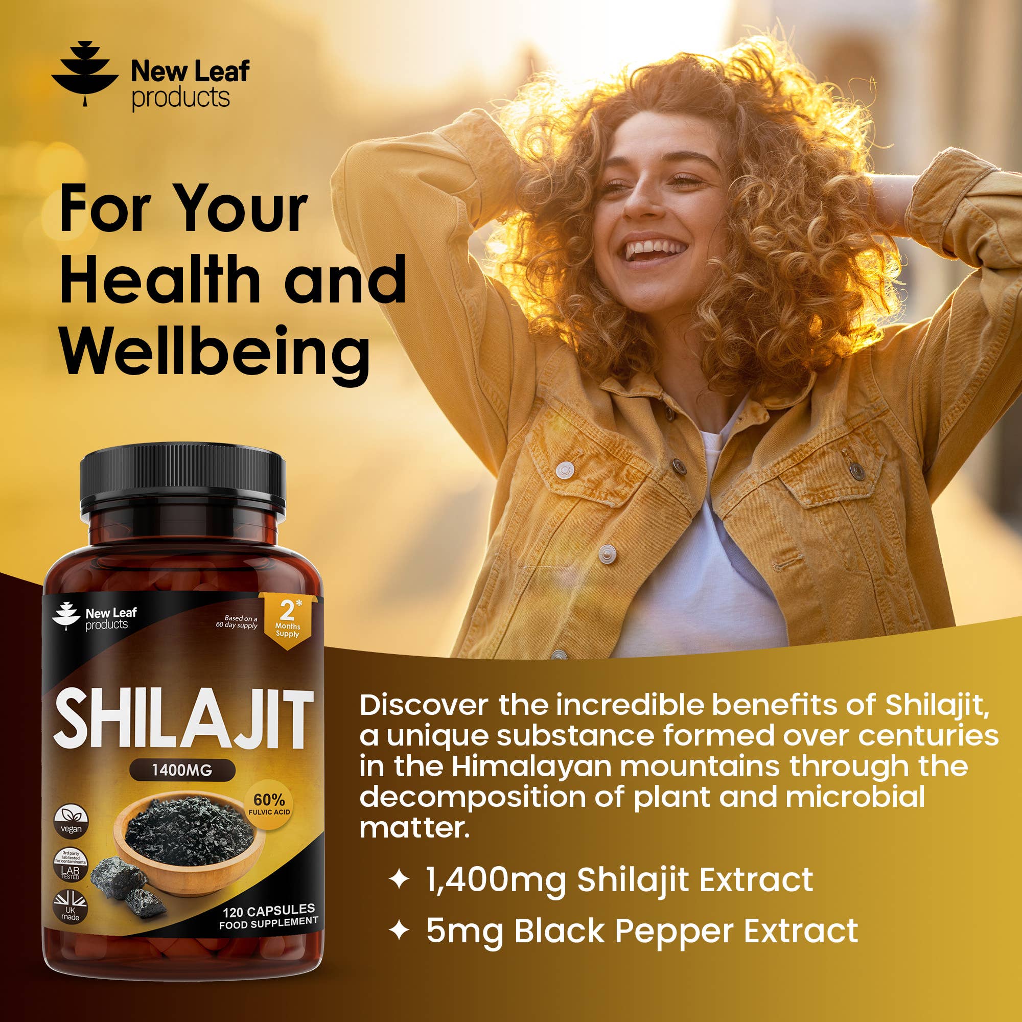 New Leaf products Ltd – wholesale Oral supplement/vitamin – Shilajit Capsules 1400mg with 60% Fulvic Acid 120 Capsules2