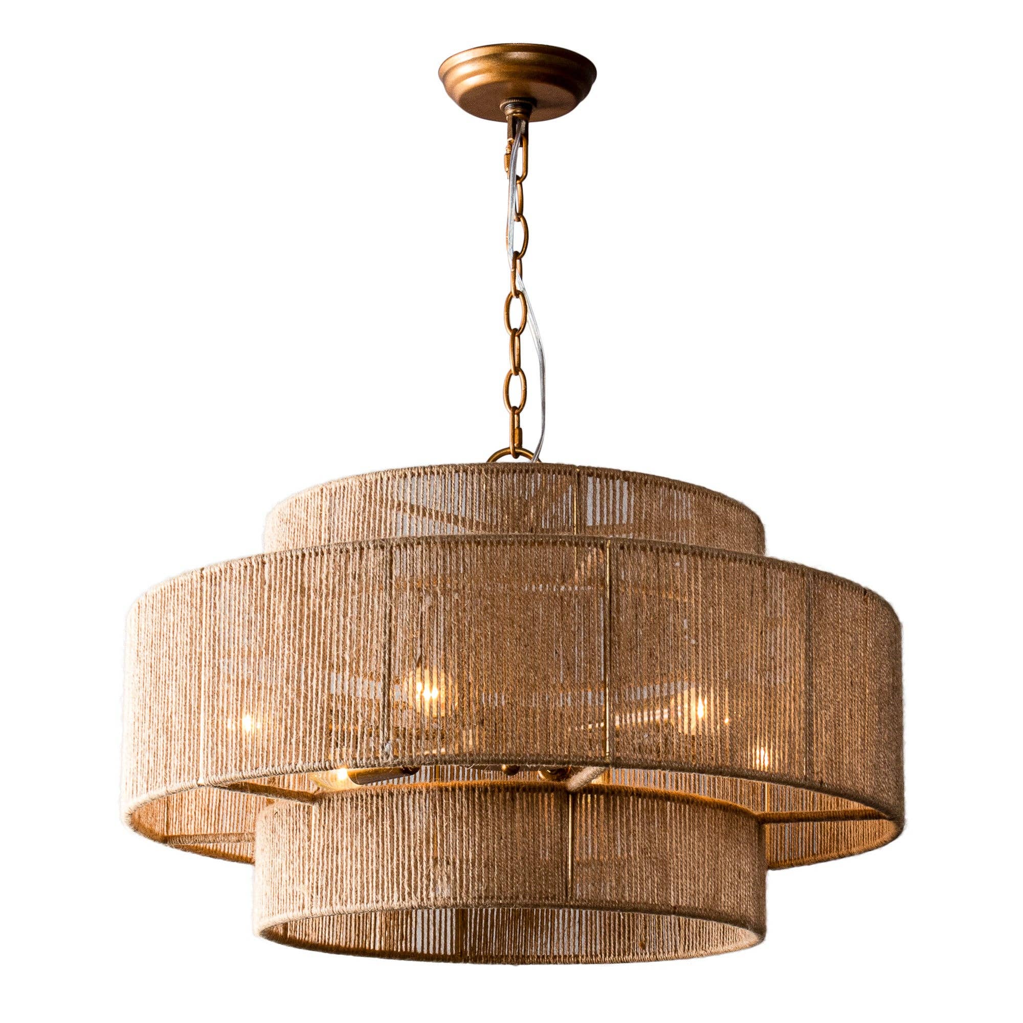 Brio Lighting - Wholesale Chandelier/Hanging Light - Farmhouse Chandelier 24" Gold Metal + Jute 2-Tiered 6-Light4