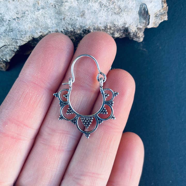 Kaali Boutique - Wholesale Hoop Earrings - Mini Afghani Silver Hoop Earrings; Ethnic, Geometric, Small, Rustic, Yoga, Hippie, Gypsy, Pretty, Ssy, Boho, Bohemian, Festival2