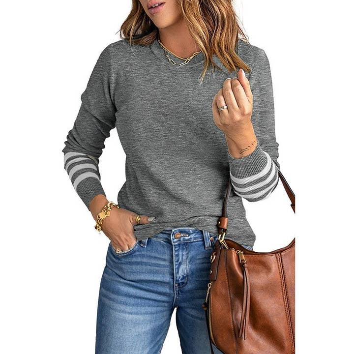 UZ Wholesale Store - Wholesale Knit Sweater - Women's - Color Blocked Striped Long Sleeve Round Neck Knit Sweater6