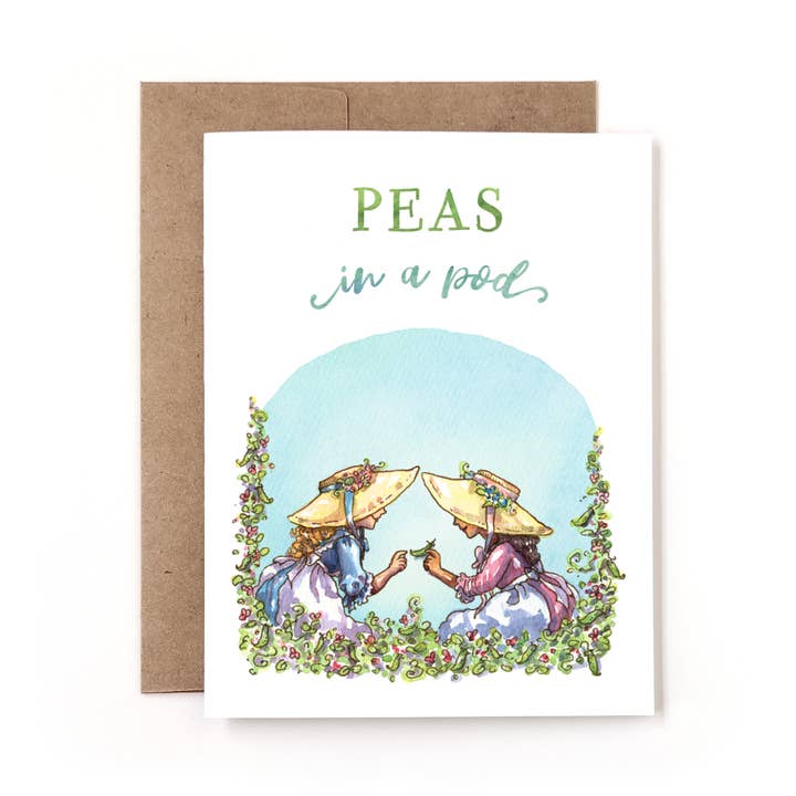 Erwten in een Peul Speelse Aquarel Tuin Tweeling Mutsen Kaart voor wholesale door Nettles & Lace Paper Co.