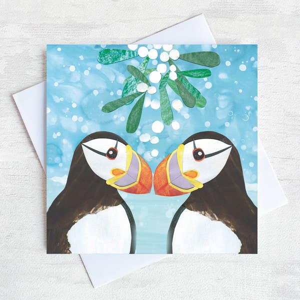 Puffin & Mistletoe Wildlife Christmas Greetings Card for wholesale by Joanne Wishart