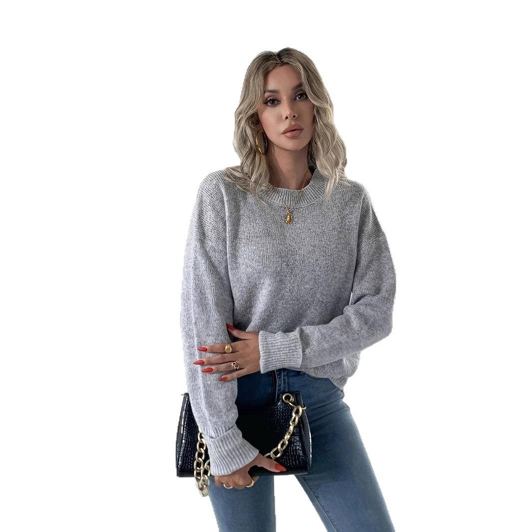 Gray Autumn Winter Casual Knit Round Neck Long Sleeve Sweater for wholesale on Faire0