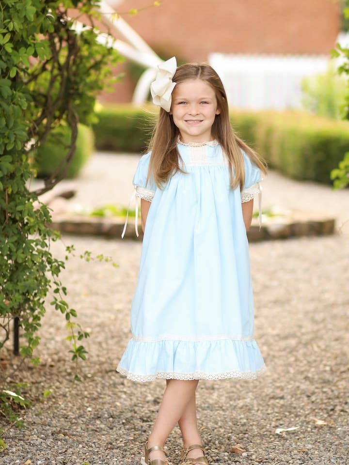 Posh Pickle - Wholesale Dress - Kids - Bristol Blue Short Sleeved Heirloom Dress0