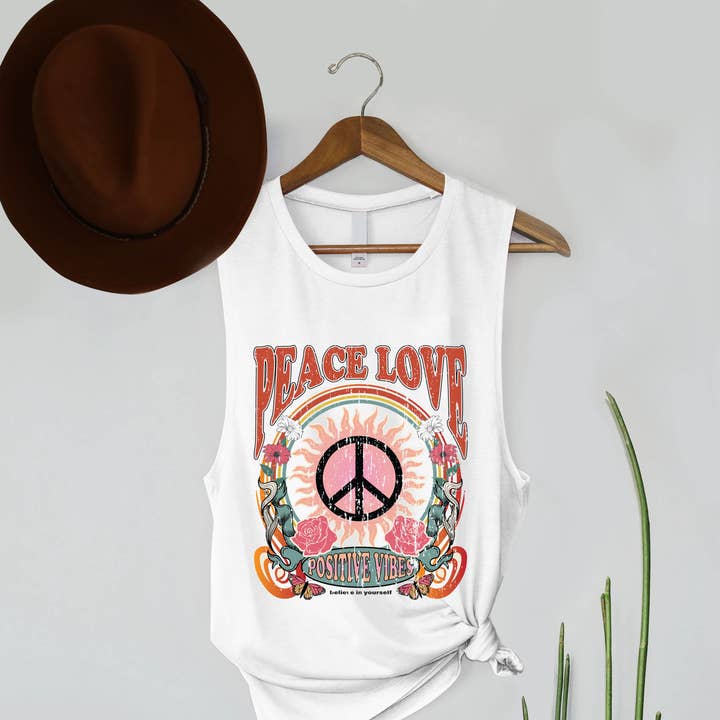 Peace Love Positive Vibes Graphic Women's Jersey Tank Top for wholesale by PINK NABI