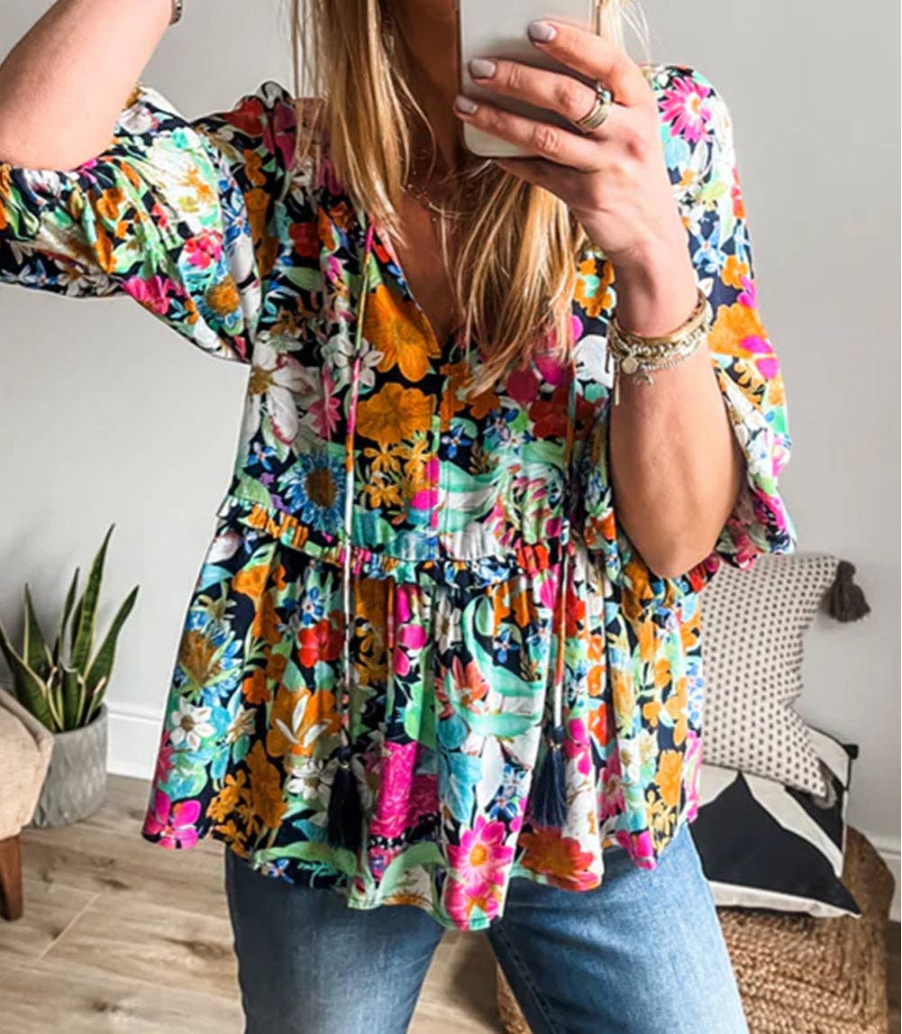 Multicolor Floral Print Bubble Sleeve V Neck Ruffled Blouse for wholesale on Faire1