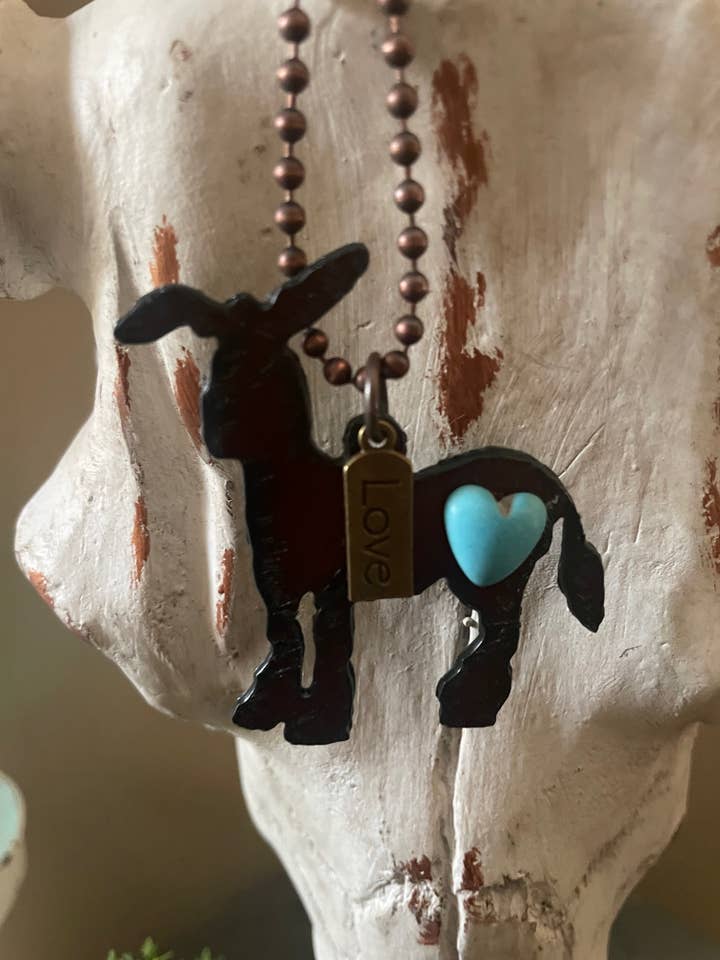 Rustic DONKEY with Love charm and faux turq heart cabochon for wholesale by The Rustic Barn